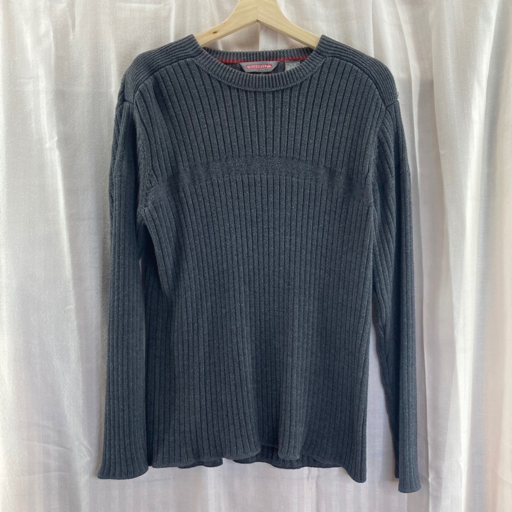 Quiksilver Mens Ribbed Knit Med Crew Neck Long Sleeve Pullover Sweater Gray Y2K